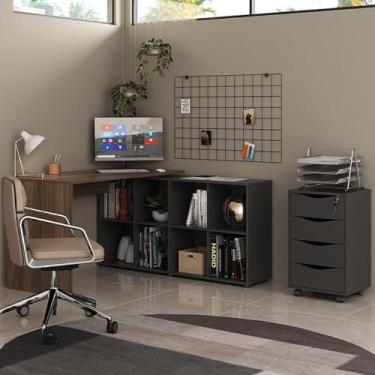 Imagem de Kit 2 Peças com Escrivaninha em L Nero com 8 Nichos e Gaveteiro 4 Gavetas com Chave Bit Ipê/Preto