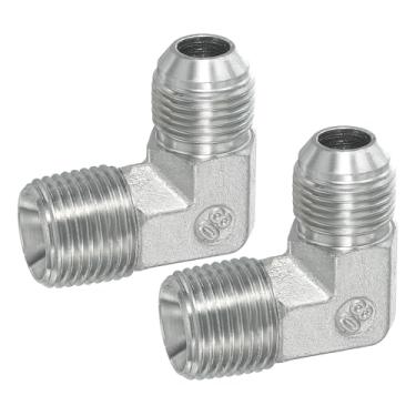 Imagem de PATIKIL Adaptador de tubo de 90 graus, 2 peças macho 3/10.2 cm flare 37° JIC x 1/5.1 cm conector macho BSPT encaixe de cotovelo de aço carbono para ar fluido hidráulico combustível óleo de água, prata
