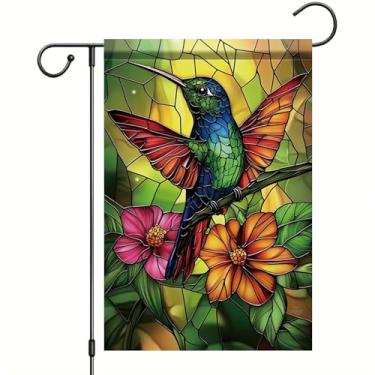 Imagem de Starlit Patio Bandeira de jardim de beija-flor de vitral 30,5 x 45,7 cm bandeira dupla face primavera verão quintal bandeiras decorativas florais para fora pequenas bandeiras sazonais de gramado