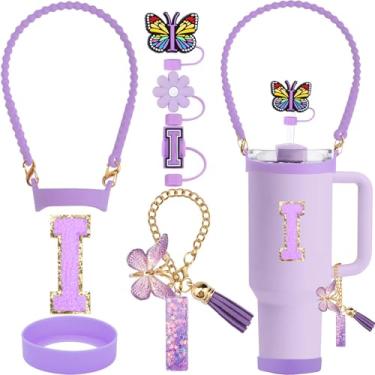 Imagem de ZYBIDEAL Conjunto de acessórios roxos de 8 peças para Stanley Cup, 3 peças de canudo de 10 mm, alça de silicone para garrafa de água, bota para Stanley 30 e 1,134 g, corrente com pingente de letra,