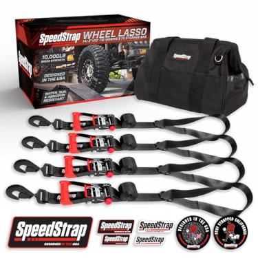 Imagem de SpeedStrap Correias de amarração de carro de roda para reboques (pacote com 4) - 5 cm x 3 pés (força de ruptura de 4,5 kg) Correias de pneu resistentes com ganchos de pressão e alças de laço - para