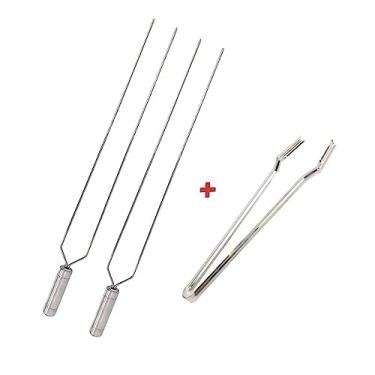 Imagem de Kit Espeto Duplo Inox 40cm Mais Pegador De Carnes, Churrasco