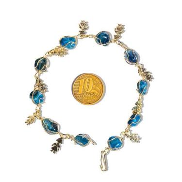 Imagem de 05 Pulseira do Amor Pedra Ágata Azul Gaiola Dourado Atacado - Cristais