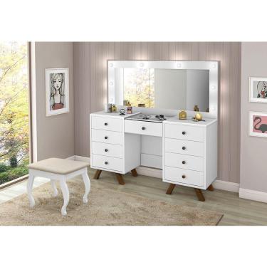 Imagem de Penteadeira Camarim Com Espelho Banqueta Almofadada E Luzes Led Mila Branco