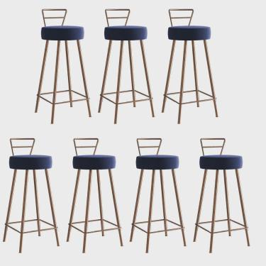 Imagem de Kit 07 Banqueta Alta Com Encosto Tina Eiffel Cozinha Bar Bistrô Ferro Bronze Suede Azul Marinho - Ahz Móveis