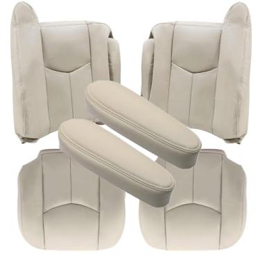 Imagem de NLQR Capas de assento de substituição para parte inferior e superior do lado do motorista e do passageiro e 2 peças de capas de apoio de braço de assento caramelo claro 522 compatível com Chevy