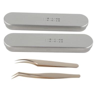 Imagem de Conjunto de 2 pinças de extensão de cílios de aço inoxidável com ponta curva e pinça dourada para salão de beleza profissional e uso doméstico