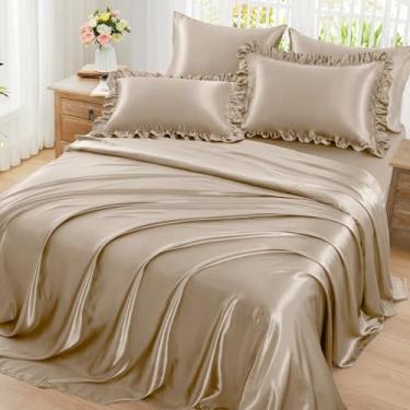 Imagem de Homiest Jogo de lençol solteiro de cetim com babados, 4 peças, bege com bolso profundo de 38 cm, 1 lençol de cima, 1 fronha com babados e 1 fronha, semelhante a lençóis de seda