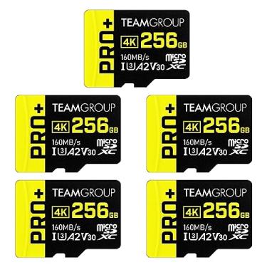 Imagem de TEAMGROUP Cartão A2 Pro Plus 256 GB x pacote com 5 micro SDXC UHS-I U3 A2 V30, R/W até 160/110 MB/s para Nintendo-Switch, dispositivos de jogos, tablets, smartphones, disparo 4K, com adaptador