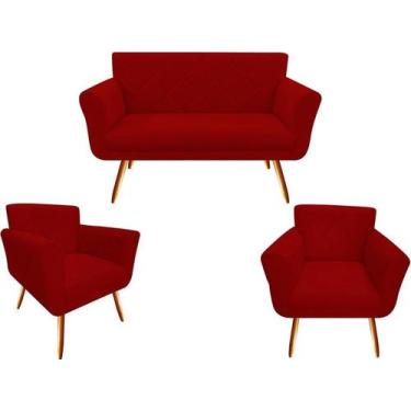 Imagem de Kit Namoradeira + 2 Poltronas Decorativa Sabrina Suede Vermelho Pés Ma