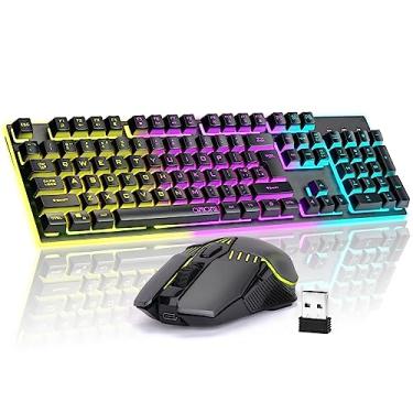 Imagem de Teclado e mouse sem fio para jogos, retroiluminação RGB recarregável, painel de metal, teclado anti-ghosting de sensação mecânica com botão lateral para computador, PC, laptop, compatível com Windows