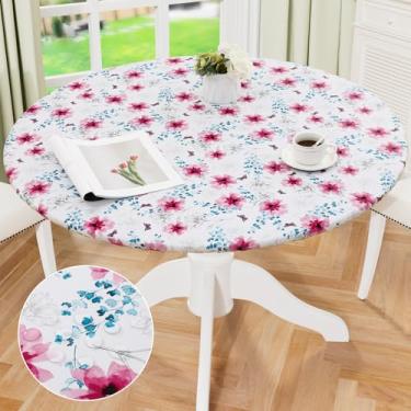 Imagem de misaya Toalha de mesa redonda com borda elástica, capa de mesa de plástico 100% à prova d'água à prova de óleo, toalha de mesa de flanela de vinil serve para mesas redondas de 91 a 112 cm para jantar