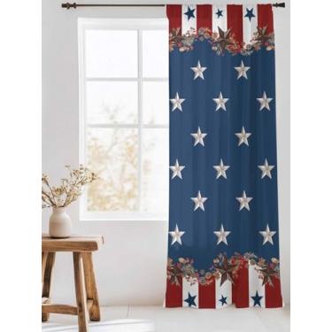 Imagem de Cortina transparente patriótica de chiffon 4 de julho, azul marinho, prata, estrelas do campo, tiras vermelhas, bolso para varão, painel de janela, filtro de luz, privacidade, voile, tratamento de