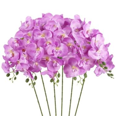 Imagem de INSUNSIX Orquídeas roxas flores artificiais 6 peças de orquídeas de seda 89 cm hastes de orquídeas artificiais que parecem reais para decoração de mesa de casamento em casa (roxo)