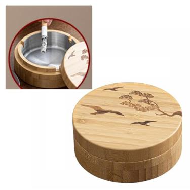 Imagem de Cinzeiro com tampa Cinzeiros retrô estilo japonês mesa para homens fumando madeira vintage para ornamentos de escritório doméstico (amarelo)