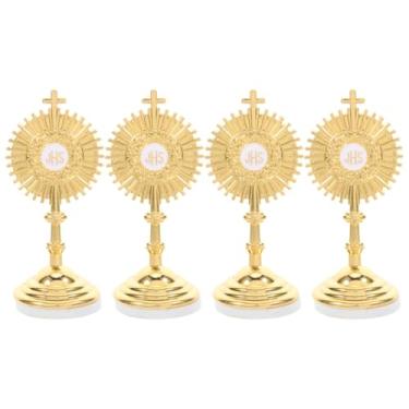 Imagem de DOITOOL Mini cruz dourada com crucifixo em pé, 4 peças, base metálica, abençoado, sacramento, decoração de mesa católica, decoração de bolo de primeira comunhão, enfeite de bolo religioso J-Hs
