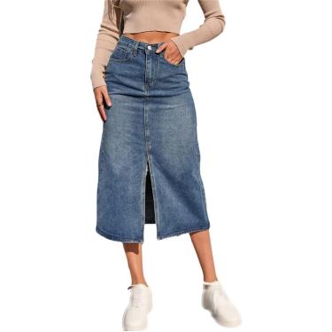 Imagem de Jeans Lápis Longo Skinny Azul Bifurcado Retrô Feminino Saia Jeans Reta De Cintura Alta, Blue, S