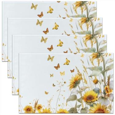 Imagem de jejeloiu Jogo americano de girassol conjunto de 45,7 cm x 30,5 cm para crianças, borboleta, floral, rústico, para meninos e meninas, jogo americano de flores amarelas para cozinha, mesa de jantar,