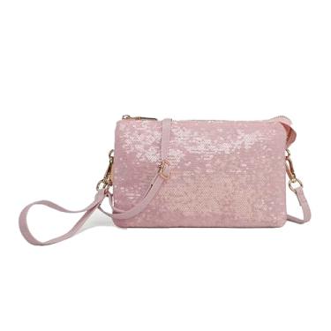 Imagem de JEN & CO. Bolsa tiracolo feminina Riley, bolsa clutch com alça de ombro removível e ajustável, couro vegano, Lantejoula rosa pálido