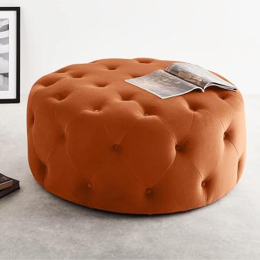 Imagem de Luxo banquinho de apoio para os pés luxuosos, mesa de café pequena de mordia, otomano de veludo redondo com tufado, bancada final da cama para sala de estar com quarto de sala de estar, lara