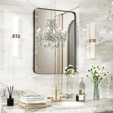 Imagem de Fun Memories Espelho de banheiro preto 50 x 71 cm, espelho grande com moldura preta de metal, espelho de parede moderno para banheiro, vidro temperado, espelho de fazenda, horizontal ou verticalmente