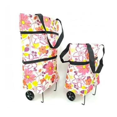 Imagem de Vikooyes Sacola de compras dobrável com rodas, sacola de compras, grande, reutilizável, flor rica