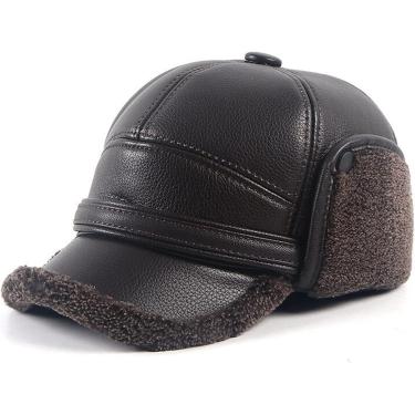 Imagem de Boné De Couro Chapéus Bomber De Couro Chapéus De Inverno Masculino Com Abas De Orelha Capuz Capuz Outono Quente Pele Falsa Lã Abas De Orelha Boné De Beisebol Masculino, Brown, 7.25