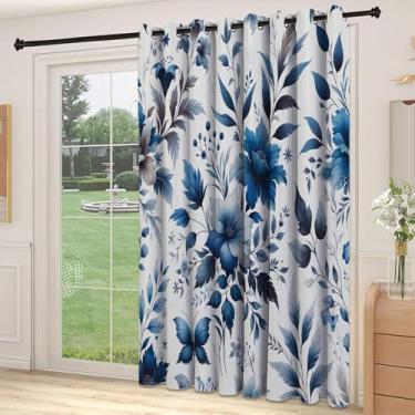 Imagem de Divisória de parede de cortina de divisão azul, flores em aquarela, ramos de baga, folhas, motivos florais inspirados, para quarto, jardim de infância, sala de estar, L 213 x C 272 cm, azul cinza e