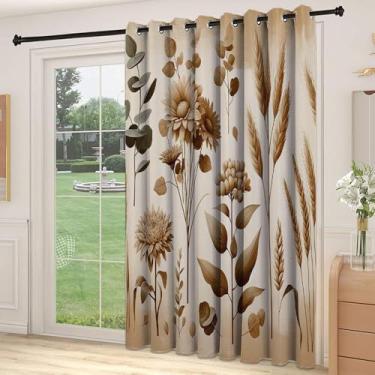 Imagem de Divisória de parede com divisória de quarto castanho, flores e folhas botânicas monocromáticas boêmias, dálias, eucalipto, trigo, adequado para portas de vidro deslizantes, cortinas térmicas de sala