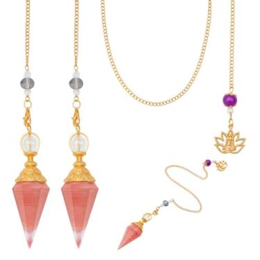 Imagem de MAYJOYDIY 1 conjunto de pêndulo de ponta de cristal 26,7 cm rosa natural hexagonal, cone pontiagudo, pingentes de quartzo de cristal transparente Reiki para suprimentos de bruxaria, ferramentas de