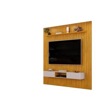 Imagem de Painel Ripado Com Bancada Suspensa Para Tv Até 75 Sala Moderna Com Home Rack Prateleira Decorativa 2,23x2,40m Premium Cor Nature