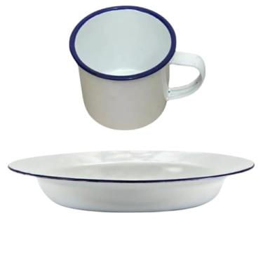 Imagem de Prato e Caneca Esmaltado Branco Kit Esmalte 3 pratos 3 canecas, 2 pratos 2 canecas, 1 prato 1 canecas Retro café chá (1, Branco Liso)