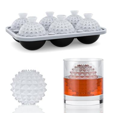 Imagem de Bandeja de gelo redonda de cristal 3D de 6 câmaras com funil, formas grandes de gelo circulares de silicone, formas divertidas, bandeja de gelo com esfera de uísque, para resfriar uísque, coquetéis