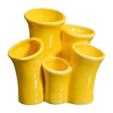 Imagem de SiaBiced Organizador multifuncional de cerâmica, porta-escovas de maquiagem, porta-escovas de dentes para penteadeira, Amarelo