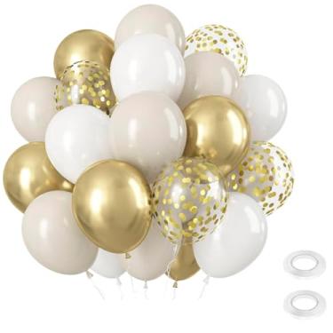 Imagem de 50 peças de balões brancos e dourados, balões de 30 cm de areia branca dourada com balão de confete dourado, balões de hélio de látex nude creme dourado bege para aniversário, boho, casamento