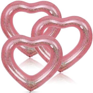 Imagem de 3 peças de boia inflável de coração para piscina, anéis de natação infláveis com glitter, tubo flutuante de festa de despedida de solteira, anel de natação de verão em forma de coração, festa na praia