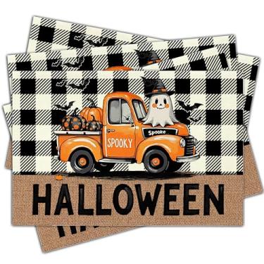 Imagem de Jogo americano de abóbora de Halloween, conjunto de 4, tapetes decorativos de caminhão xadrez de 30 x 45 cm, tapetes laváveis resistentes ao calor para mesa de jantar de cozinha, decoração temática