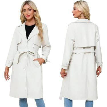 Imagem de Trench Coats Femininos Outono Jaqueta De Couro Longa Feminina Lapela Jaqueta De Couro Pu Jaqueta Feminina Com Cinto, White, XL