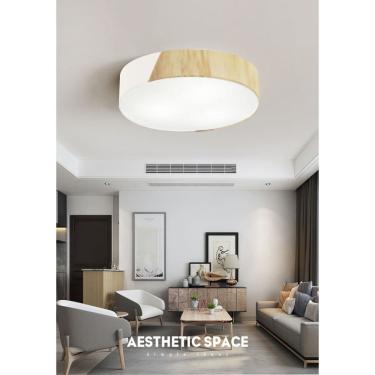 Imagem de Plafon Luminária de teto decorativa para casa, MD-3076 nórdicas em tecido e madeira 3 lâmpadas com difusor em poliestireno