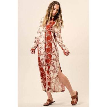 Imagem de Chemise Longo Com Mangas Longas Bege E Vermelho Estampado Yacamim M4-Feminino