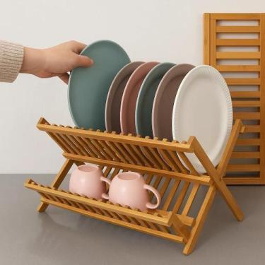 Imagem de Escorredor Suporte Cozinha Dobrável Pratos Bambu Taça Casa Louça Talhe