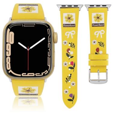 Imagem de Pulseira feminina de couro com estampa de flores, compatível com Apple Watch séries 10, 9, 8, 7, 6, 5, 4, 3-1, Ultra 2 SE (amarelo, 49 mm)