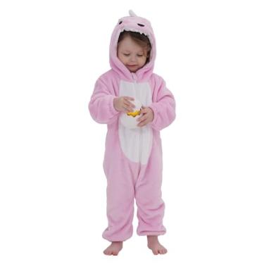 Imagem de LONULAIN Pijama unissex de fantasia de animal, macacão infantil de flanela com capuz para cosplay, roupa de casa/roupa de dormir, Dinossauro rosa, 3-6 Months/Height:23"-26"