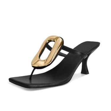 Imagem de RJYLP Sandálias femininas de metal com salto de dedo sem cadarço, salto gatinho para praia, elegante, casual, moderno, verão, chinelos, sapatos, Preto, 36