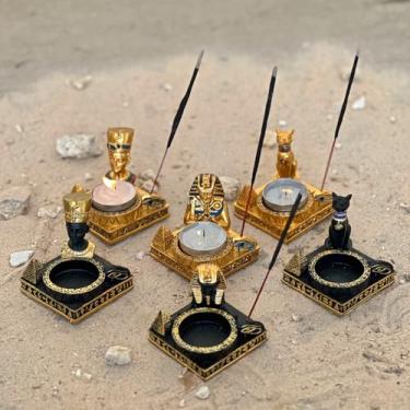 Imagem de Incensários Castiçal Vela Faraó Bastet Nefertiti Resina 6,5cm