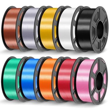 Imagem de JAYO Pacote de filamentos PLA de seda 1,75 mm 11 kg, filamento de impressora 3D brilhante semelhante a metal, 1,1 kg por carretel, carretel de 10, preto, branco, ouro claro, prata, cobre vermelho