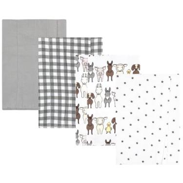 Imagem de Luvable Friends Hudson Baby Conjunto de 4 panos de flanela para arrotos, Farm Pals Cinza, 14x20 inches