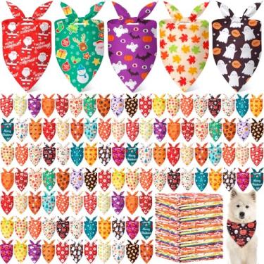 Imagem de Chunful 120 bandanas natalinas para cães, para outono, dia das bruxas, Natal, com folha de bordo, abóbora, fantasma, boneco de neve, triângulo, ajustável, cachecol para animais de estimação pequeno