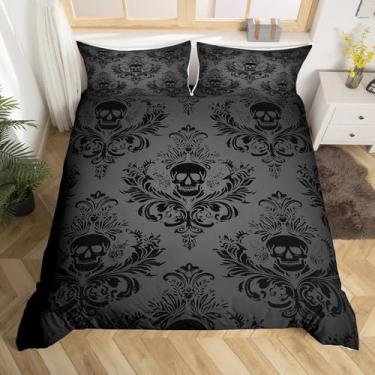 Imagem de Conjunto de capa de edredom de caveira gótica, tamanho casal, cinza, vintage, damasco, estampa de renda, reversível, com 2 fronhas, boêmio, estilo barroco, floral, respirável (sem edredom), macio