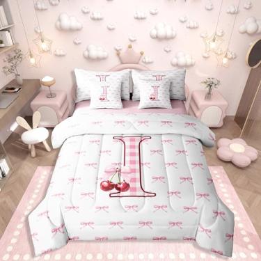 Imagem de Erosebridal Jogo de cama casal com laço cereja com letra I com monograma, princesa coquete, para meninas, lençol com elástico, lençol de cima e lençol com elástico